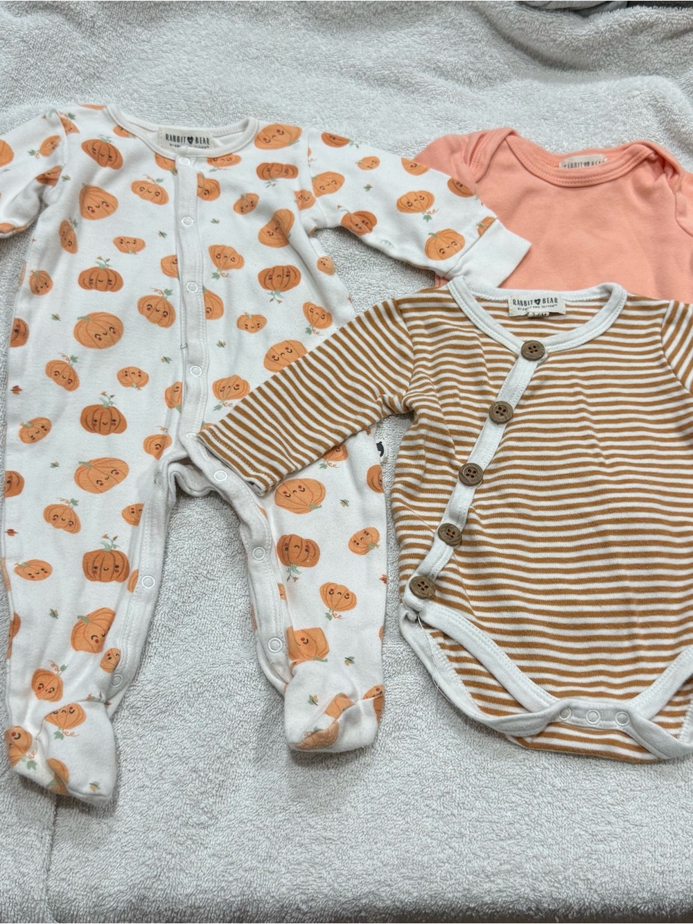 Fall Pumpkin & Stripe Baby Bodysuit Footie Set Orange/Tan Organic Cotton 3-6m